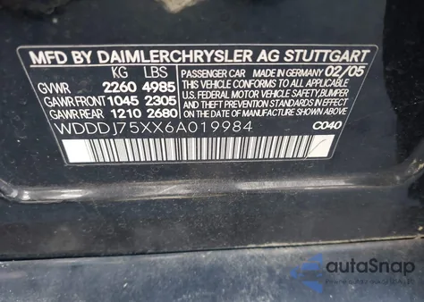 2006 Mercedes-Benz Cls 500 500C from USA, damaged, VIN WDDDJ75XX6A019984